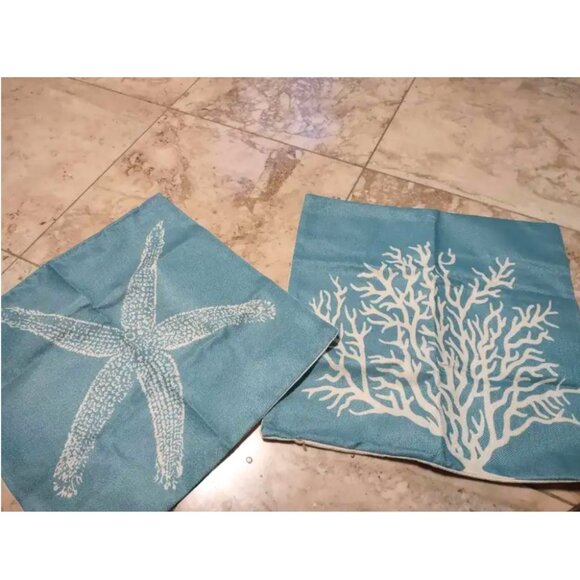 Beach Pillow Covers Cases Set Coastal Cottage Nautical Decor Starfish Decoration - Picture 3 of 9